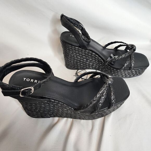 13W Torrid Black Strappy Raffia Platform 4" Wedge Espadrille Sandal Wide Width - Picture 10 of 11
